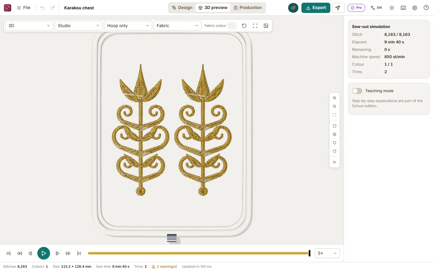 3D preview of a gold karakou motif on burgundy velvet