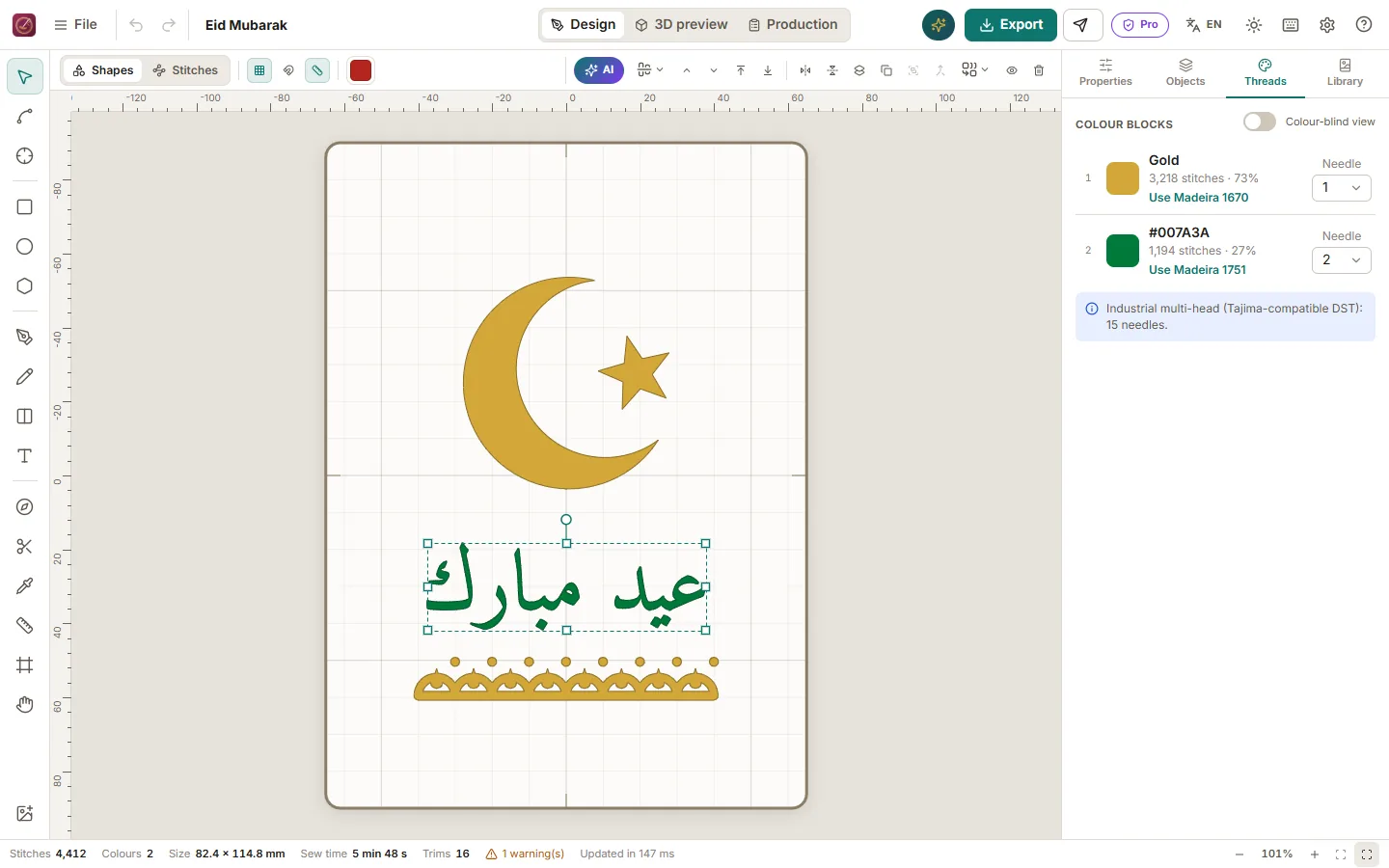 Editing Arabic text with the satin stitch selected