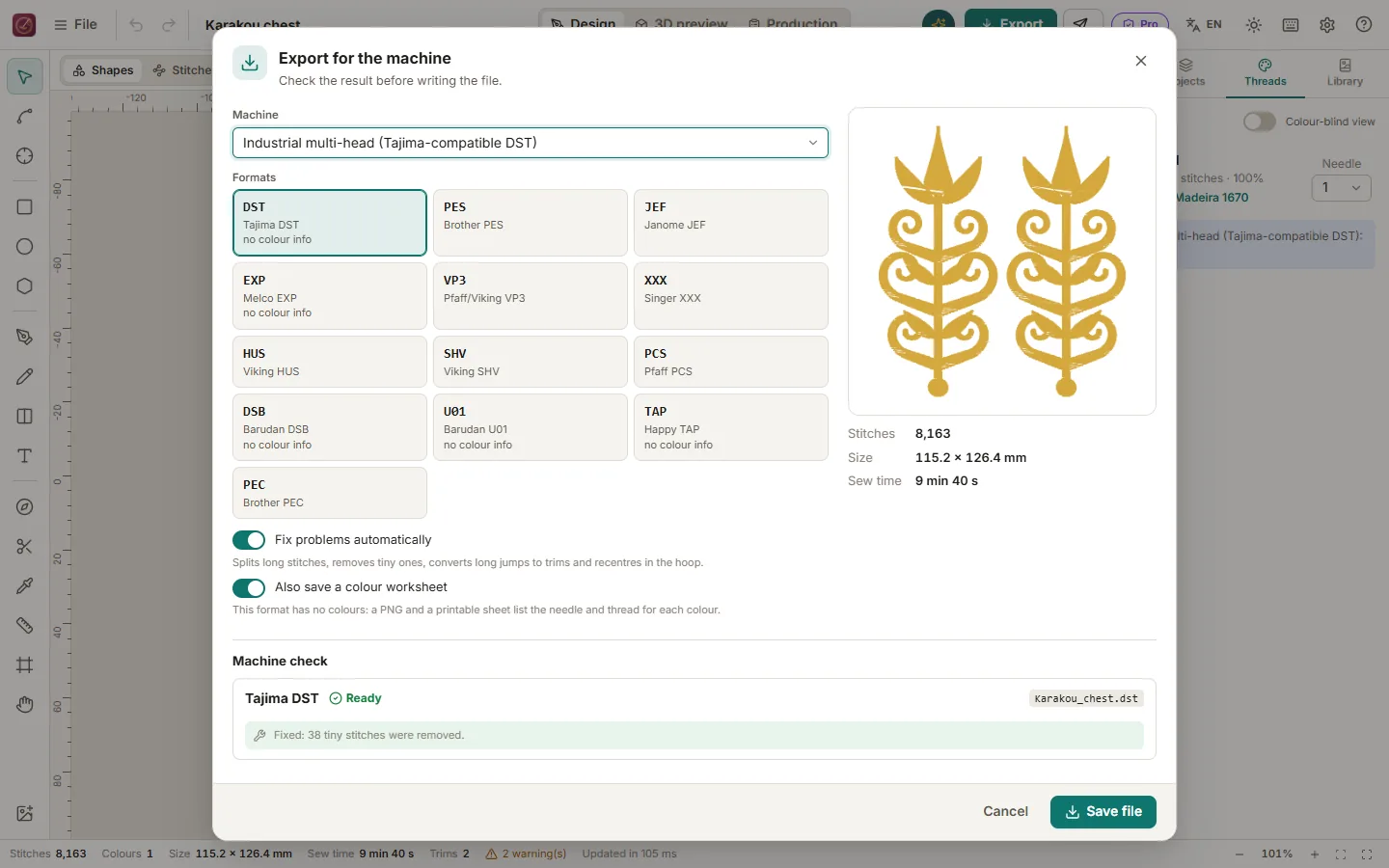 Export dialog with format choice and the machine check report